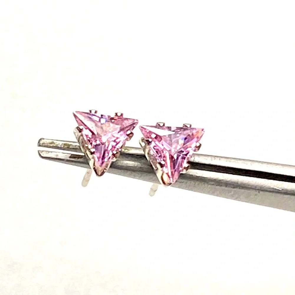Pink Trillion Cut CZ Studs - Picture 3 of 6